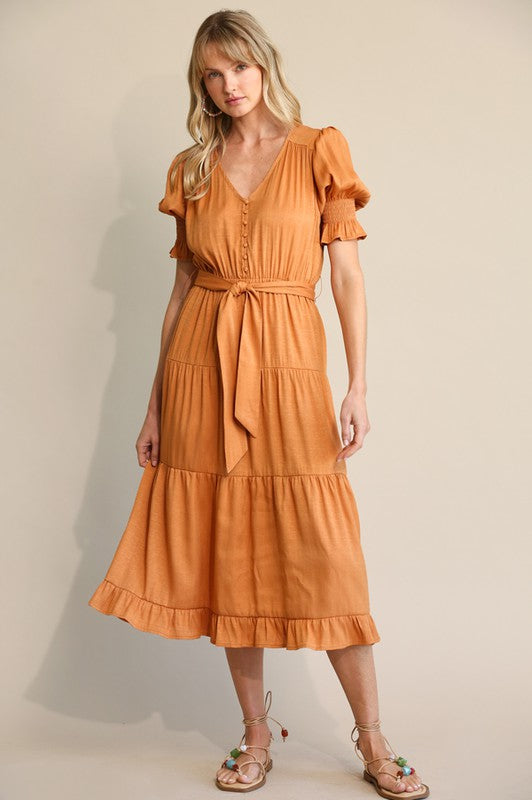 Button Down and Puff Sleeve Tiered Midi Dress BURNT ORANGE Must Sea Apparel