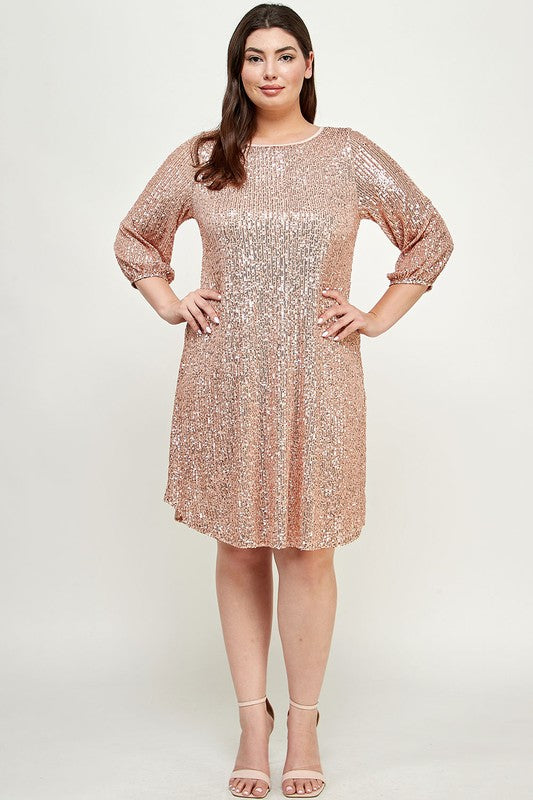 PLUS SIZE SEQUINS BABY DOLL DRESS - CHAMPAGNE