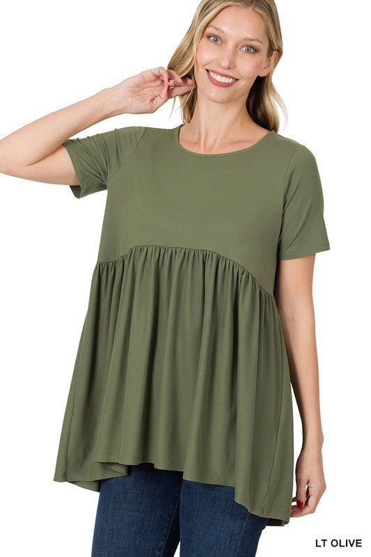 BRUSHED DTY SHORT SLEEVE WITH WAIST SHIRRING TOP