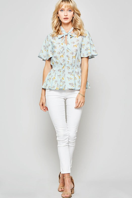 Floral Neck-Tie Bell-Sleeve Peplum Blouse - LIGHT BLUE