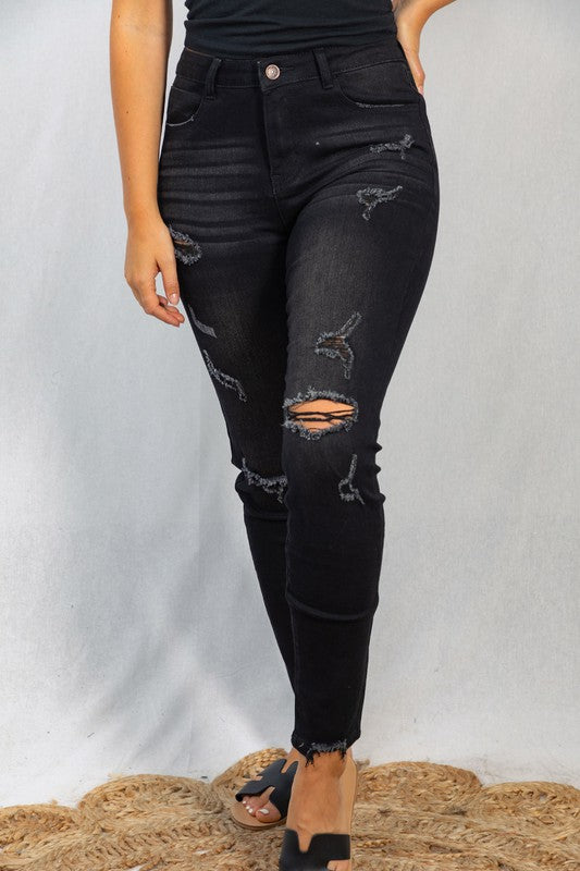 High Rise Distressed Denim Pants - BLACK