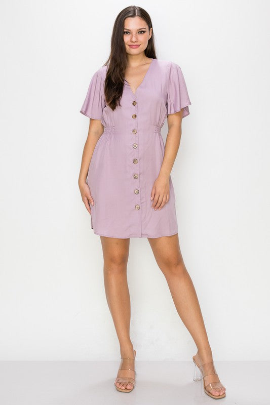 Front Button Flounce Sleeves Mini Dress - LAVENDER