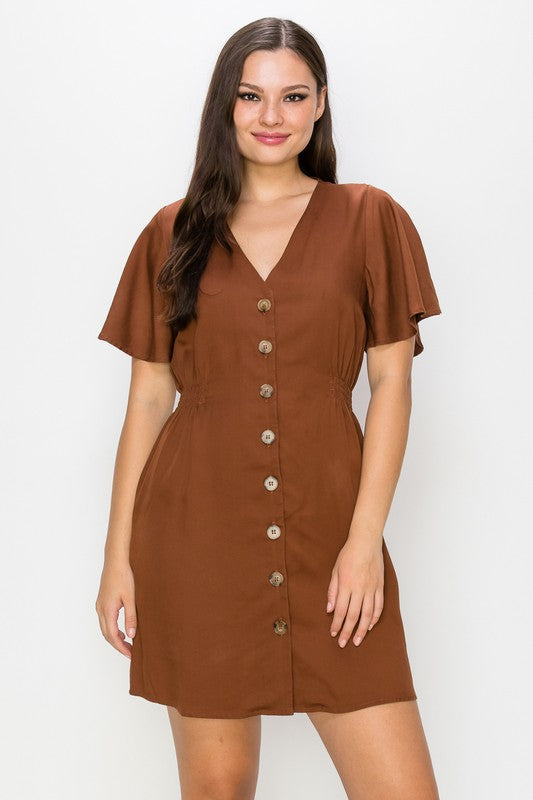 Front Button Flounce Sleeves Mini Dress - BROWN