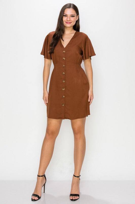 Front Button Flounce Sleeves Mini Dress - BROWN