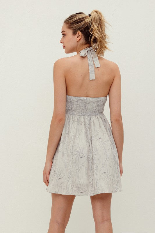 MARBLE HALTER CUTOUT FIT ANF FLARE DRESS - GREY