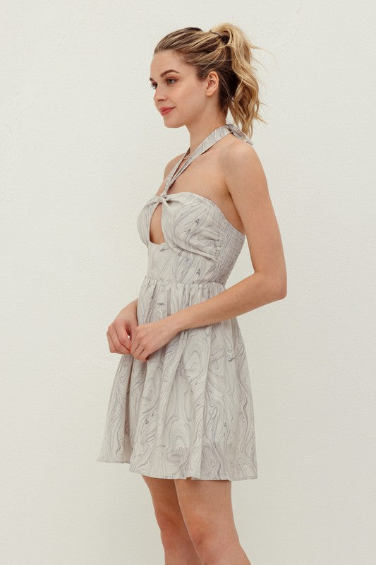 MARBLE HALTER CUTOUT FIT ANF FLARE DRESS - GREY