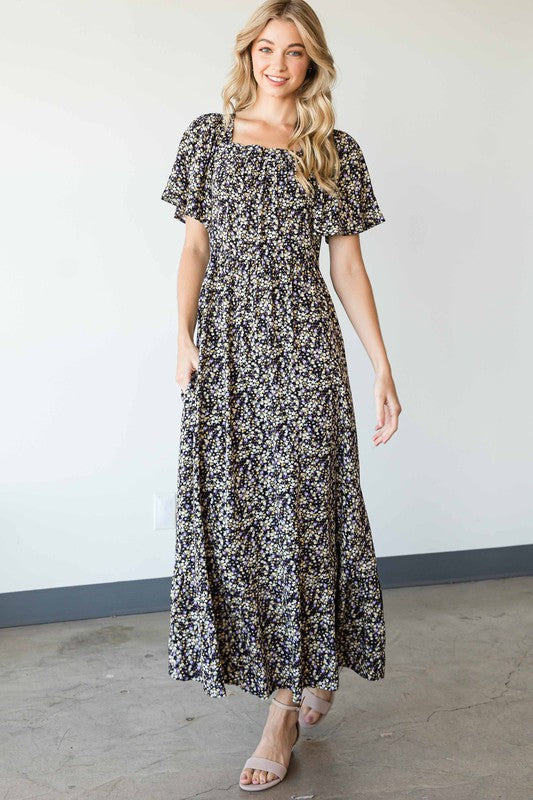 FLORAL SQUARE NECKLINE MAXI DRESS BLACK