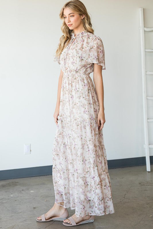 VINTAGE FLORAL TIERED MAXI DRESS LAVENDER