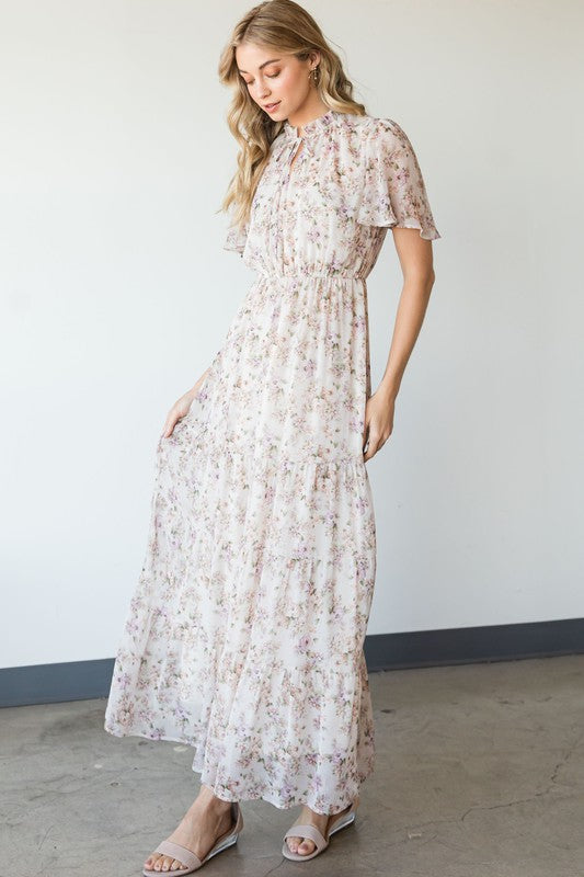 VINTAGE FLORAL TIERED MAXI DRESS LAVENDER