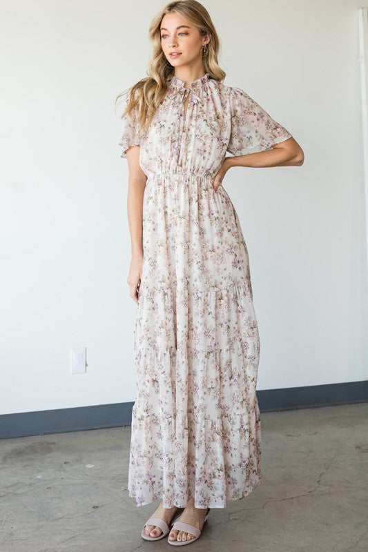 VINTAGE FLORAL TIERED MAXI DRESS LAVENDER