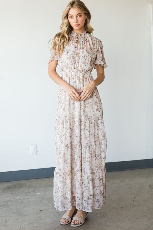 VINTAGE FLORAL TIERED MAXI DRESS LAVENDER