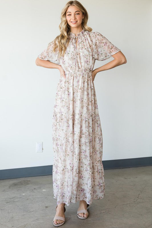 VINTAGE FLORAL TIERED MAXI DRESS LAVENDER