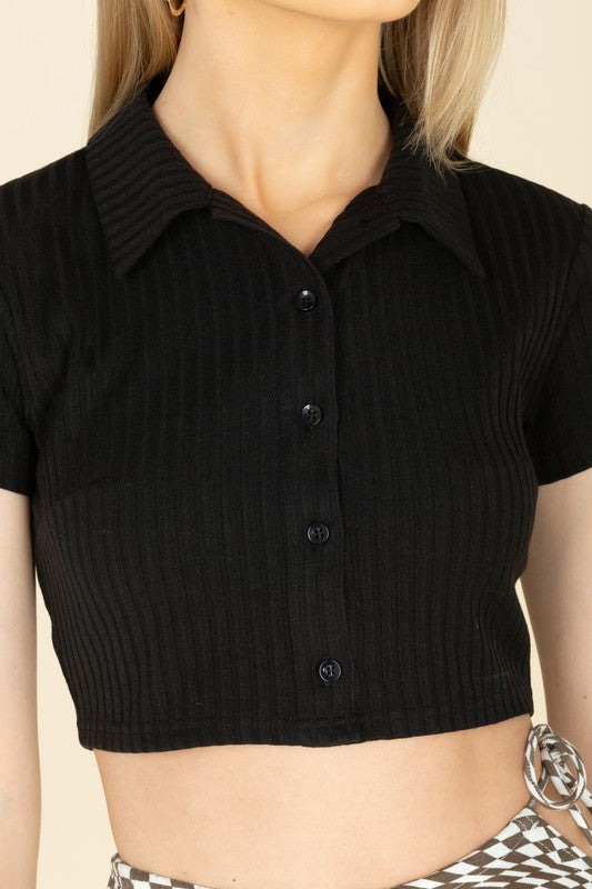 BUTTON DOWN KNIT SHORT TOP - BLACK