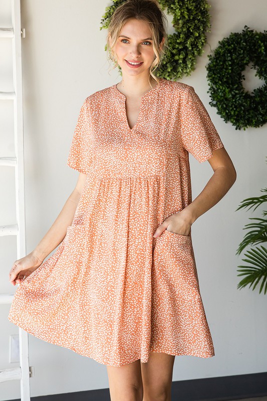 Spotted Print Short Sleeve Pocket Dress - PEACH