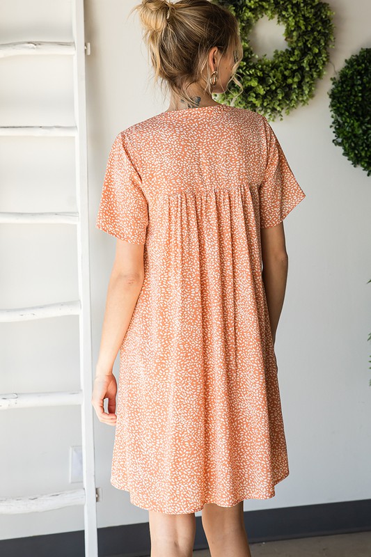 Spotted Print Short Sleeve Pocket Dress - PEACH