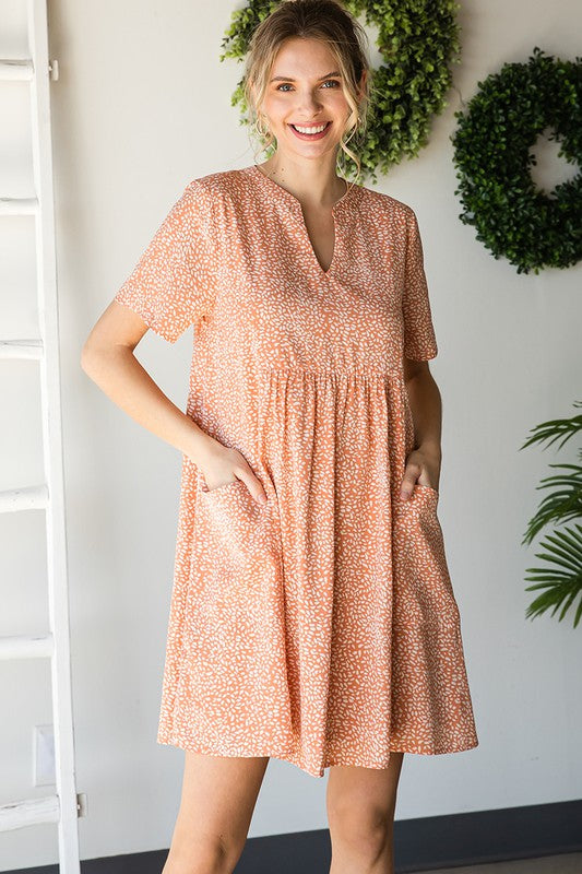 Spotted Print Short Sleeve Pocket Dress - PEACH