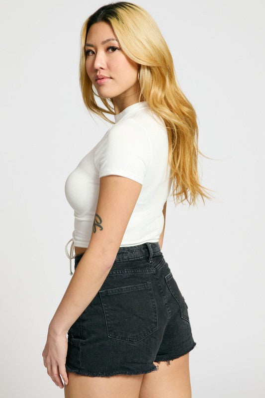 Moch Neck Ruched Crop Top - White