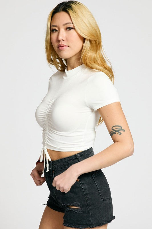 Moch Neck Ruched Crop Top - White