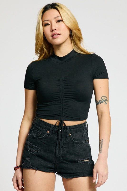 Moch Neck Ruched Crop Top - BLACK