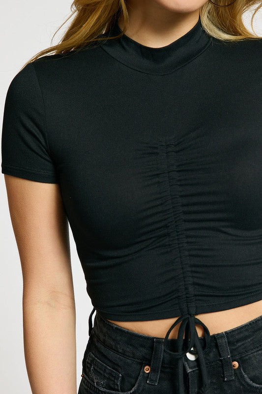 Moch Neck Ruched Crop Top - BLACK