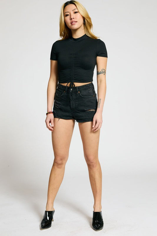 Moch Neck Ruched Crop Top - BLACK