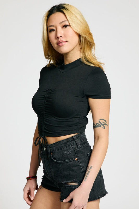 Moch Neck Ruched Crop Top - BLACK