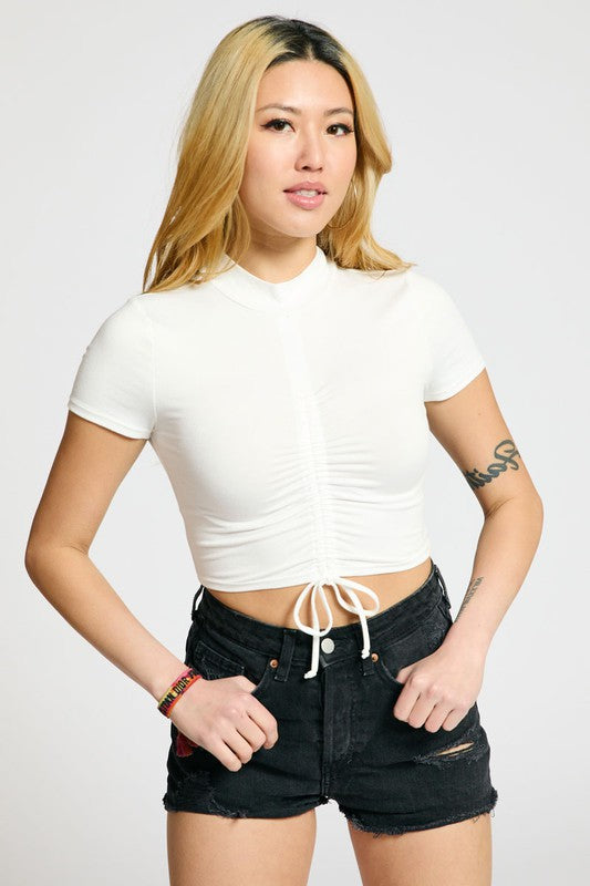 Moch Neck Ruched Crop Top - White