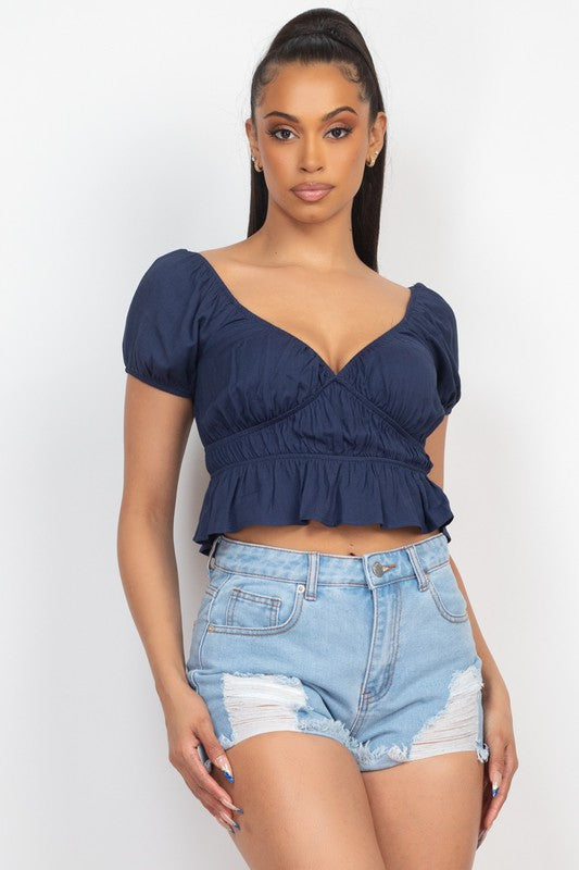 V-Neck Ruffled Solid Crop Top - NAVY