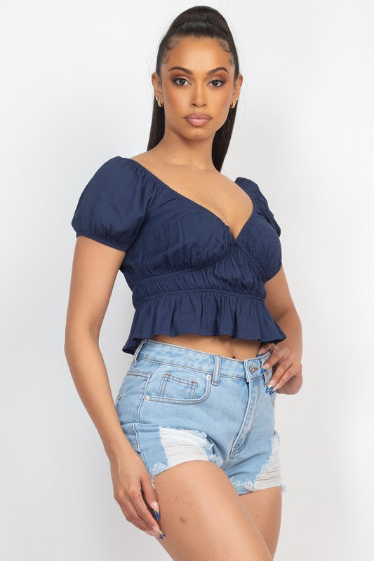 V-Neck Ruffled Solid Crop Top - NAVY