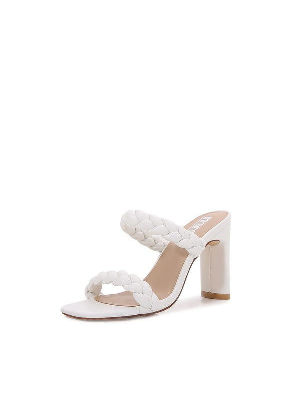 Double Braided Strap High Chunky Heeled Sandals - White