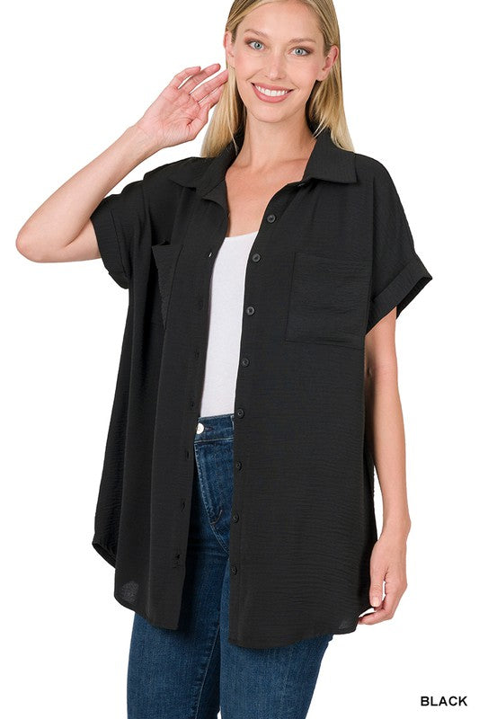 WOVEN AIRFLOW SHORT CUFF SLEEVE BUTTON FRONT SHIRT - BLACK