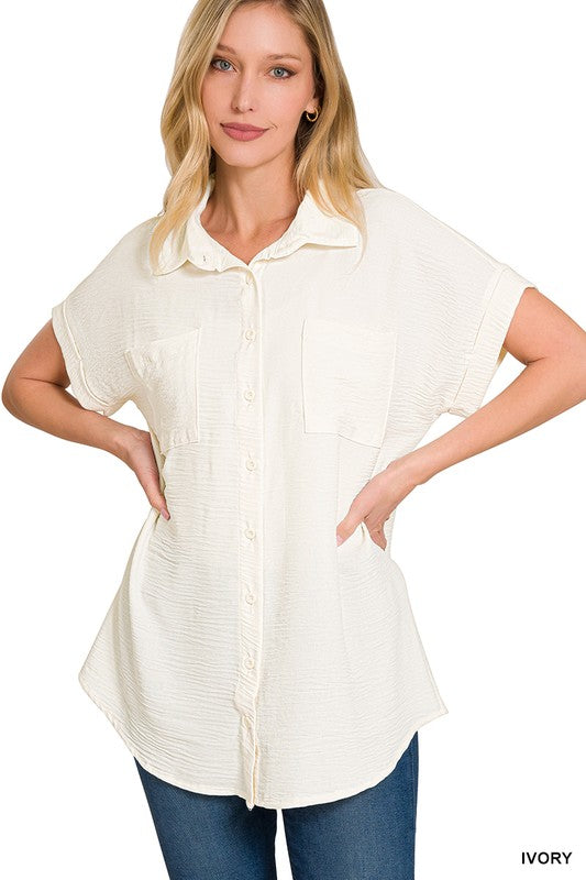 WOVEN AIRFLOW SHORT CUFF SLEEVE BUTTON FRONT SHIRT - IVORY