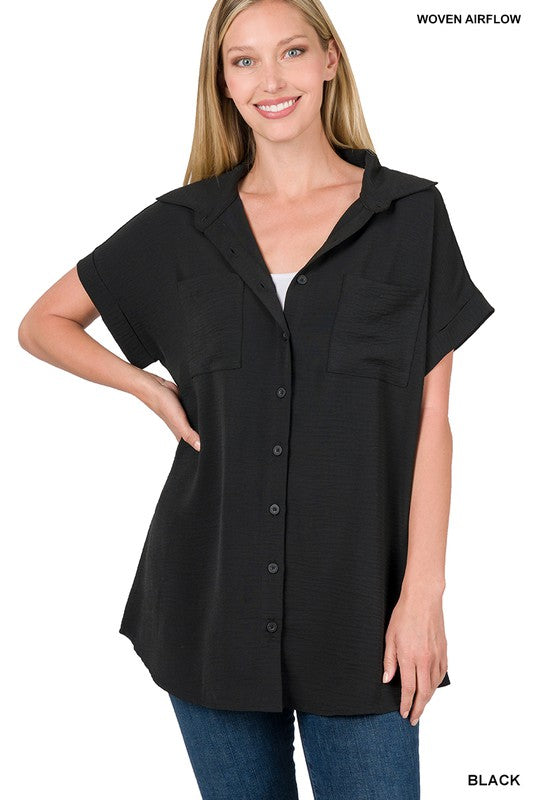 WOVEN AIRFLOW SHORT CUFF SLEEVE BUTTON FRONT SHIRT - BLACK