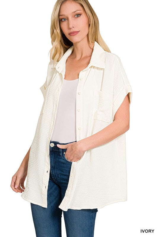 WOVEN AIRFLOW SHORT CUFF SLEEVE BUTTON FRONT SHIRT - IVORY