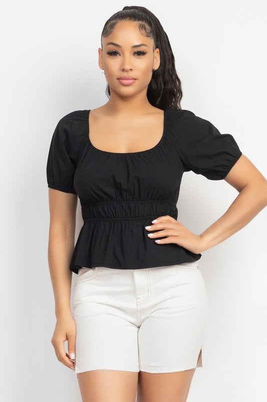 U-Neck Shirred Solid Top - BLACK