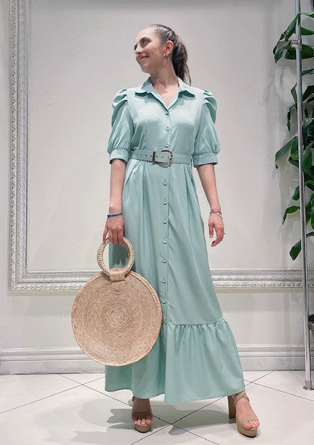 Button Down Long Dress With Hard Belt Green