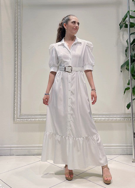 Button Down Long Dress With Hard Belt White