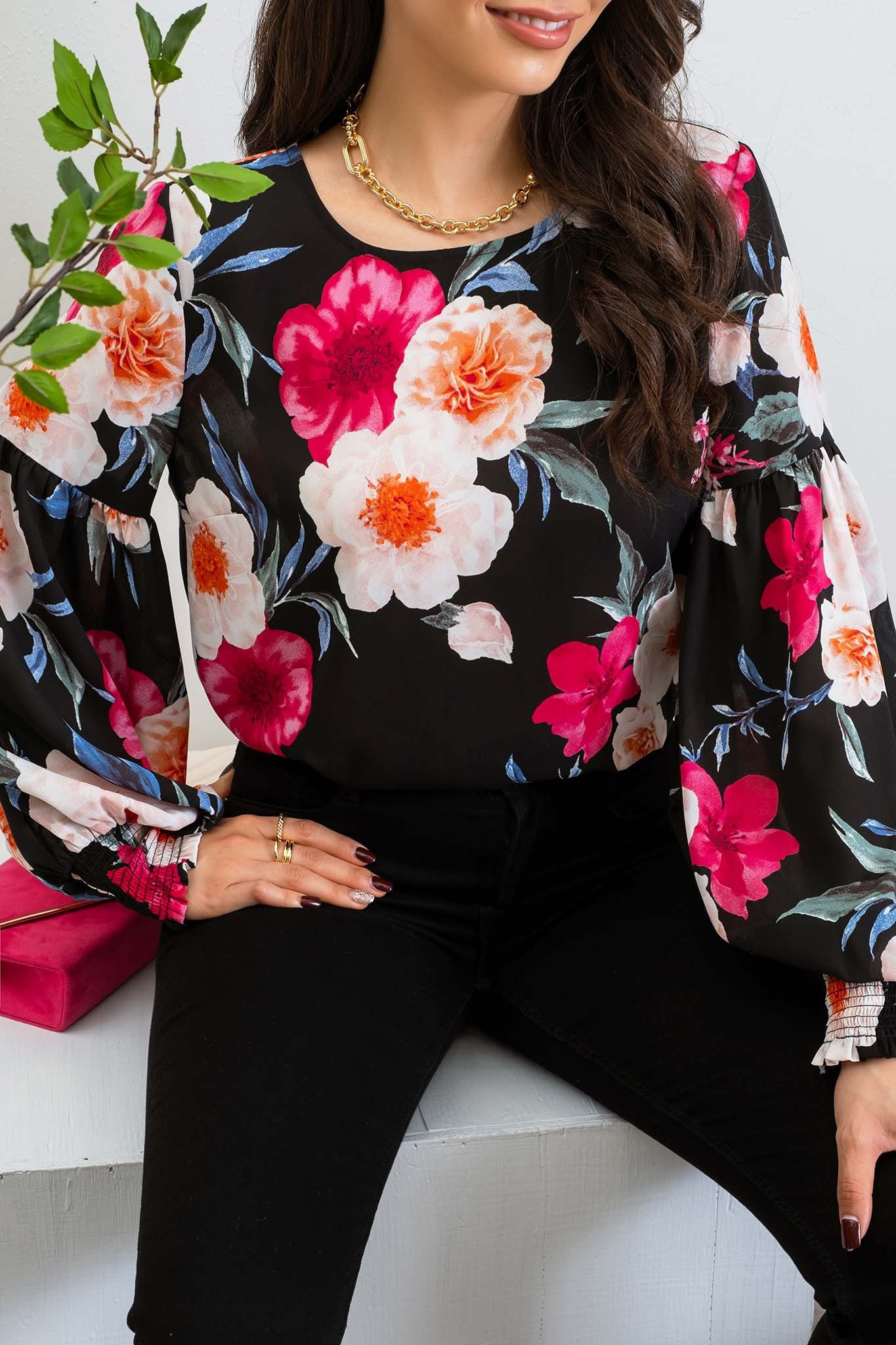 FLORAL DROP SLEEVE TOP- MULTI BLACK