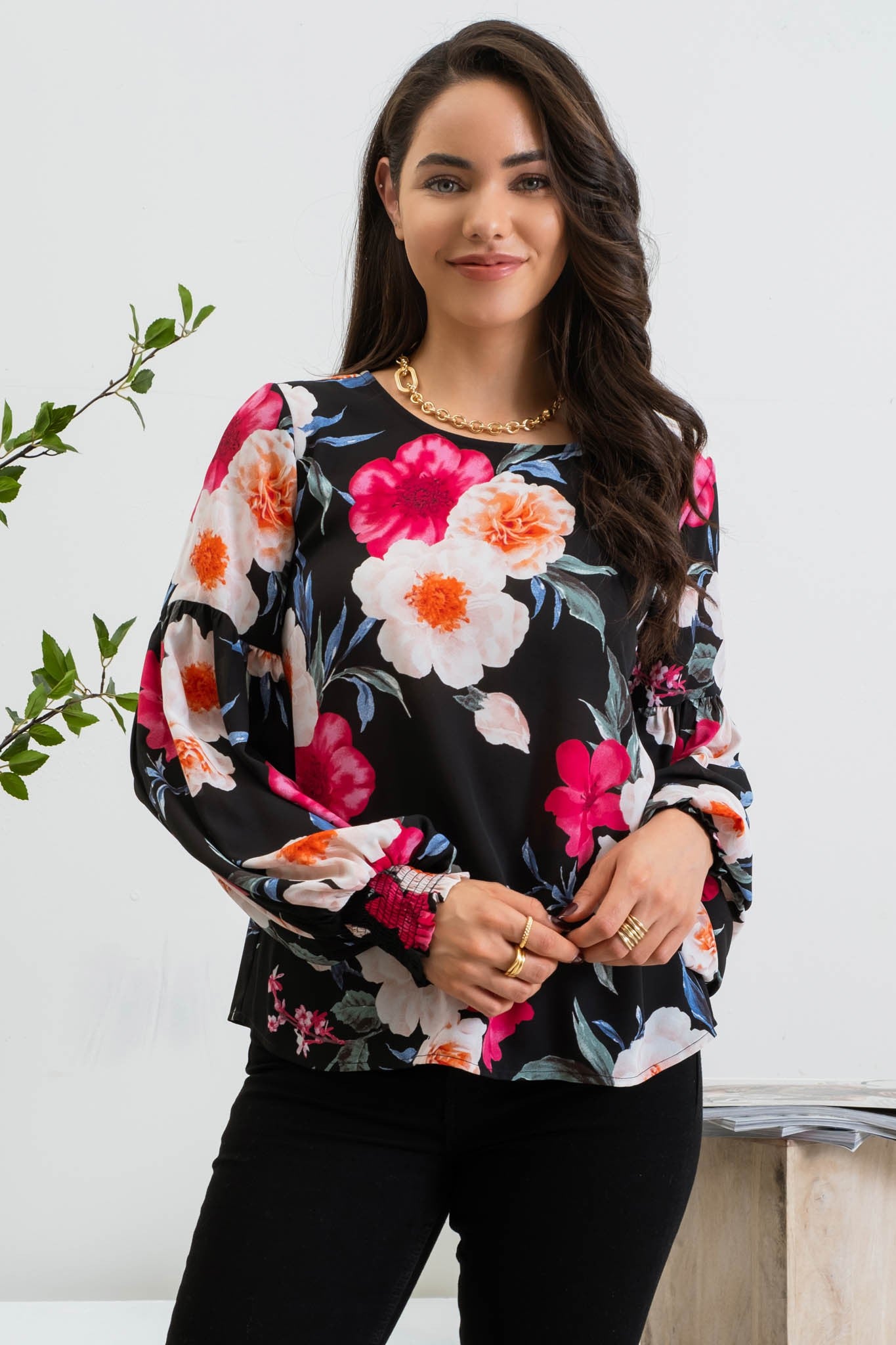 FLORAL DROP SLEEVE TOP- MULTI BLACK