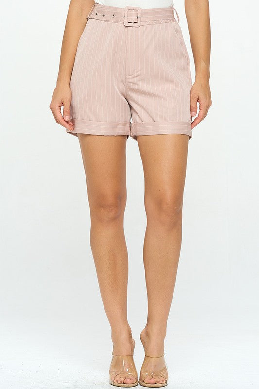 Pinstripe Tailored Belted Shorts - MAUVE