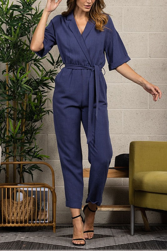 COLLARED SHORT SLEEVES JUMPSUIT - BLUE