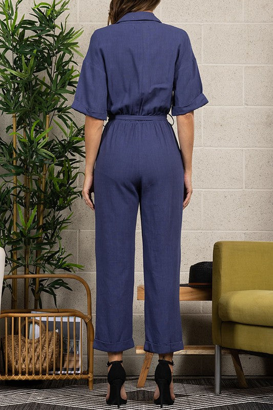 COLLARED SHORT SLEEVES JUMPSUIT - BLUE