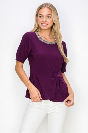 Embellished Neck Side Twist Peplum Knit Blouse - PLUM