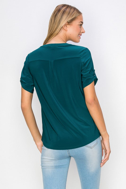 Button Half Placket Roll Tab Sleeve Utility Top - HUNTER GREEN