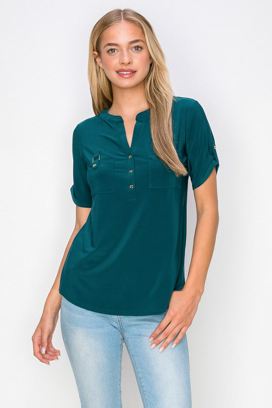 Button Half Placket Roll Tab Sleeve Utility Top - HUNTER GREEN