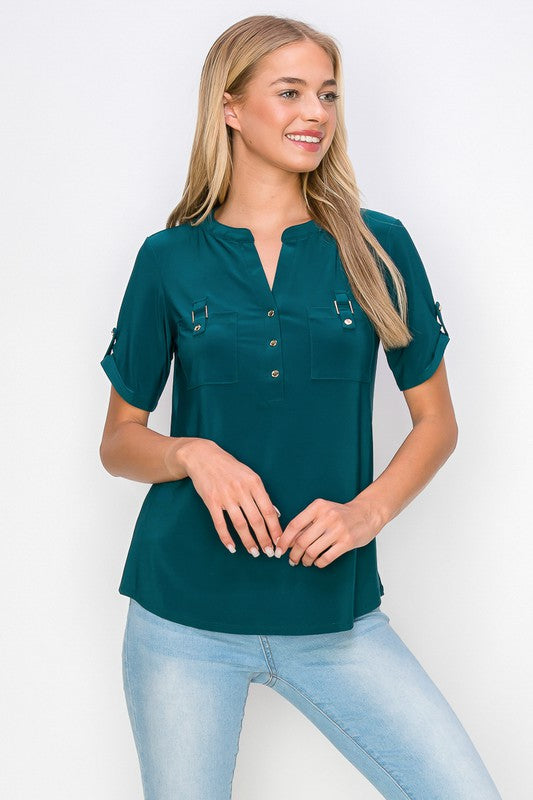 Button Half Placket Roll Tab Sleeve Utility Top - HUNTER GREEN