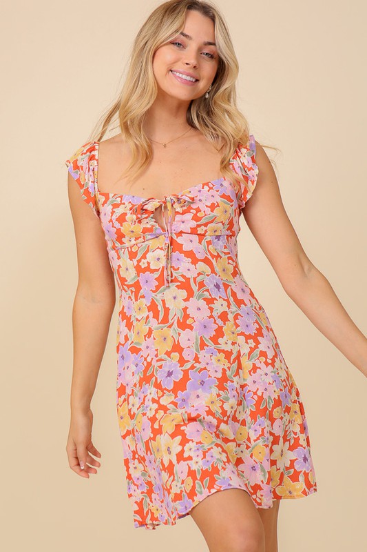 FLORAL PRINT BACK CRISS CROSS VACAY DRESS - CORAL