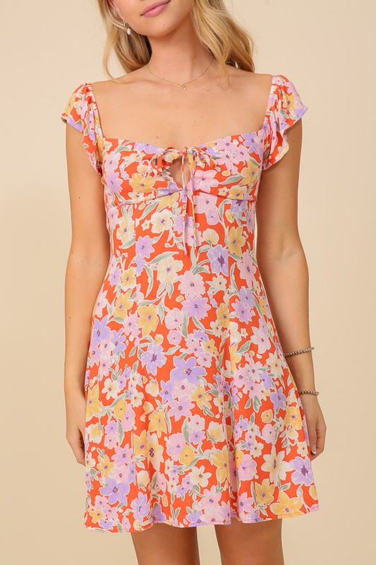 FLORAL PRINT BACK CRISS CROSS VACAY DRESS - CORAL