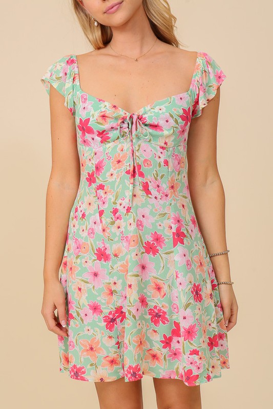 FLORAL PRINT BACK CRISS CROSS VACAY DRESS - GREEN