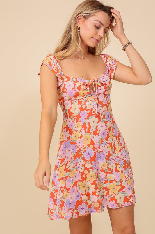 FLORAL PRINT BACK CRISS CROSS VACAY DRESS - CORAL